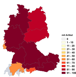Relative Auftretenshäufigkeit von Kosovo mit Artikel innerhalb der einzelnen Areale im Verhältnis zu Kosovo ohne Artikel (in %)