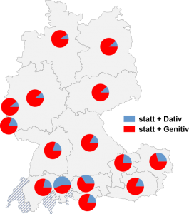 Relative Auftretenshäufigkeit von statt + Dativ / statt + Genitiv innerhalb der einzelnen Areale