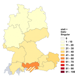 Relative Auftretenshäufigkeit von statt + Dativ Singular innerhalb der einzelnen Areale im Verhältnis zu statt + Genitiv Singular (in %)