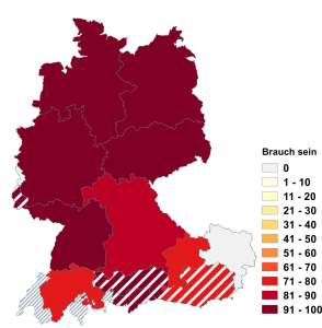 Relative Auftretenshäufigkeit von Brauch sein innerhalb der einzelnen Areale im Verhältnis zu der Brauch sein (in %)