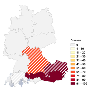 Relative Auftretenshäufigkeit von Dressen innerhalb der einzelnen Areale im Verhältnis zu Dresse (in %)