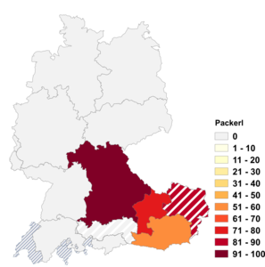 Relative Auftretenshäufigkeit von Packerl innerhalb der einzelnen Areale im Verhältnis zu Packerln (in %)