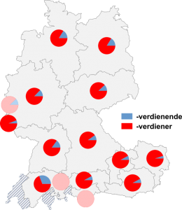 Relative Auftretenshäufigkeit von -verdienende / -verdiener innerhalb der einzelnen Areale