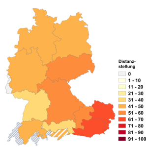Relative Auftretenshäufigkeit von Distanzstellung innerhalb der einzelnen Areale im Verhältnis zu Kontaktstellung (in %)