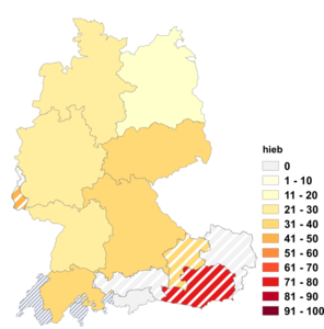 Relative Auftretenshäufigkeit von hieb innerhalb der einzelnen Areale im Verhältnis zu haute (in %)