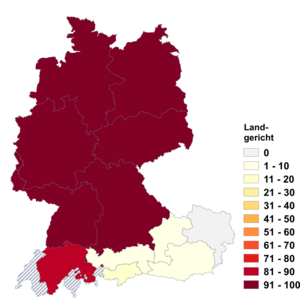 Relative Auftretenshäufigkeit von Landgericht innerhalb der einzelnen Areale im Verhältnis zu Landesgericht (in %)