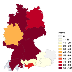 Relative Auftretenshäufigkeit von Pfarrei innerhalb der einzelnen Areale im Verhältnis zu Pfarre (in %)