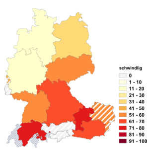 Relative Auftretenshäufigkeit von schwindlig innerhalb der einzelnen Areale im Verhältnis zu schwindelig (in %)