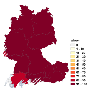 Relative Auftretenshäufigkeit von schwor innerhalb der einzelnen Areale im Verhältnis zu schwörte (in %)