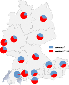 Relative Auftretenshäufigkeit von worauf / woraufhin innerhalb der einzelnen Areale
