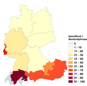 Relative Auftretenshäufigkeit von betreffend + Nominalphrase innerhalb der einzelnen Areale im Verhältnis zu Nominalphrase + betreffend (in %)