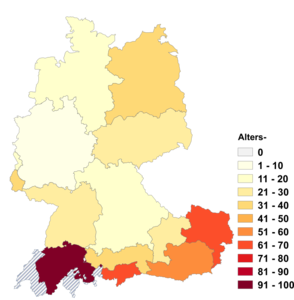 Relative Auftretenshäufigkeit von Alters- innerhalb der einzelnen Areale im Verhältnis zu Alten- (in %)