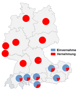 Relative Auftretenshäufigkeit von Einvernahme / Vernehmung innerhalb der einzelnen Areale