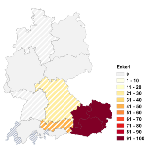 Relative Auftretenshäufigkeit von Enkerl innerhalb der einzelnen Areale im Verhältnis zu Enkelchen (in %)