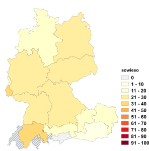 Relative Auftretenshäufigkeit von sowieso innerhalb der einzelnen Areale im Verhältnis zu eh, ohnedies und ohnehin (in %)
