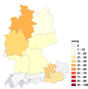 Relative Auftretenshäufigkeit von ekelig innerhalb der einzelnen Areale im Verhältnis zu eklig (in %)