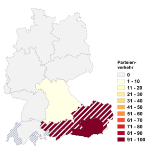 Relative Auftretenshäufigkeit von Parteienverkehr innerhalb der einzelnen Areale im Verhältnis zu Parteiverkehr (in %)