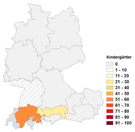 Relative Auftretenshäufigkeit von Kindergärtler innerhalb der einzelnen Areale im Verhältnis zum Gesamtvorkommen in allen Arealen (in %)