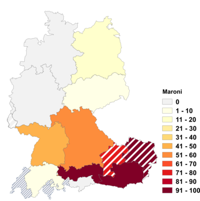 Relative Auftretenshäufigkeit von Maroni innerhalb der einzelnen Areale im Verhältnis zu Maronen und Marroni (in %)