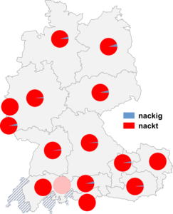 Relative Auftretenshäufigkeit von nackig / nackt innerhalb der einzelnen Areale