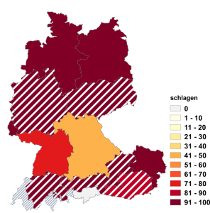 Relative Auftretenshäufigkeit von schlagen innerhalb der einzelnen Areale im Verhältnis zu schlägern (in %)