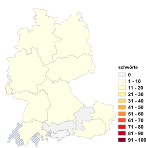Relative Auftretenshäufigkeit von schwörte innerhalb der einzelnen Areale im Verhältnis zu schwor (in %)