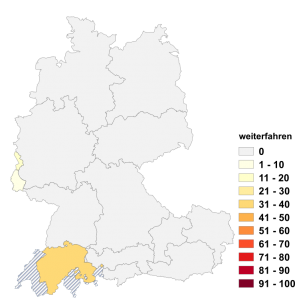 Relative Auftretenshäufigkeit von weiterfahren innerhalb der einzelnen Areale im Verhältnis zu fortfahren (in %)