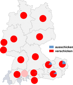 Relative Auftretenshäufigkeit von ausschicken / verschicken innerhalb der einzelnen Areale