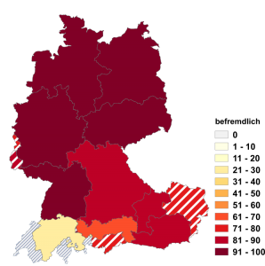 Relative Auftretenshäufigkeit von befremdlich innerhalb der einzelnen Areale im Verhältnis zu befremdend (in %)