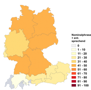 Relative Auftretenshäufigkeit von Nominalphrase + entsprechend innerhalb der einzelnen Areale im Verhältnis zu entsprechend + Nominalphrase (in %)