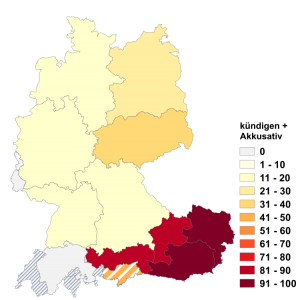 Relative Auftretenshäufigkeit von kündigen mit Akkusativobjekt innerhalb der einzelnen Areale im Verhältnis zu kündigen mit Dativobjekt (in %)