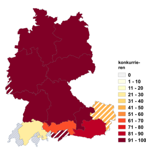 Relative Auftretenshäufigkeit von konkurrieren innerhalb der einzelnen Areale im Verhältnis zu konkurrenzieren (in %)