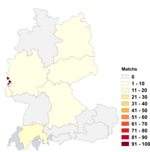 Relative Auftretenshäufigkeit von Matchs innerhalb der einzelnen Areale im Verhältnis zu Matches (in %)