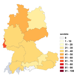 Relative Auftretenshäufigkeit von sendete innerhalb der einzelnen Areale im Verhältnis zu sandte (in %)