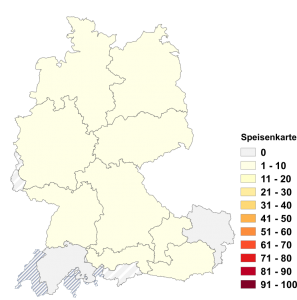 Relative Auftretenshäufigkeit von Speisenkarte innerhalb der einzelnen Areale im Verhältnis zu Speisekarte (in %)