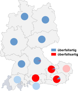 Relative Auftretenshäufigkeit von überfallartig / überfallsartig innerhalb der einzelnen Areale