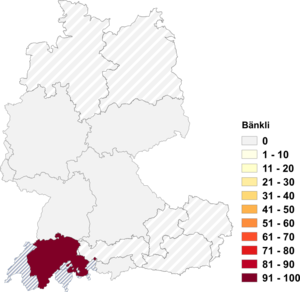 Relative Auftretenshäufigkeit von Bänkli innerhalb der einzelnen Areale im Verhältnis zu Bänkchen, Bankerl und Bänkle (in %)