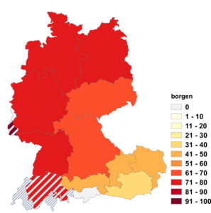 Relative Auftretenshäufigkeit von borgen innerhalb der einzelnen Areale im Verhältnis zu ausborgen (in %)