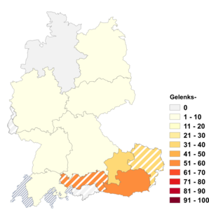 Relative Auftretenshäufigkeit von Gelenks- innerhalb der einzelnen Areale im Verhältnis zu Gelenk- (in %)