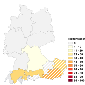 Relative Auftretenshäufigkeit von Niederwasser innerhalb der einzelnen Areale im Verhältnis zu Niedrigwasser (in %)