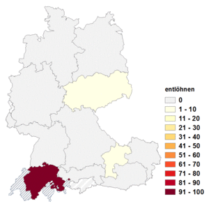 Relative Auftretenshäufigkeit von entlöhnen innerhalb der einzelnen Areale im Verhältnis zu entlohnen (in %)