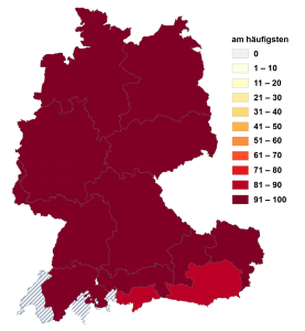 Relative Auftretenshäufigkeit von am häufigsten innerhalb der einzelnen Areale im Verhältnis zu am öftesten (in %)