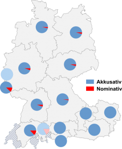 Relative Auftretenshäufigkeit von bedeuten mit Akkusativobjekt / mit prädikativem Nominativ innerhalb der einzelnen Areale