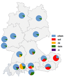 Relative Auftretenshäufigkeit von -chen / -erl / -le / -lein und -li innerhalb der einzelnen Areale