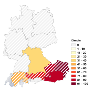 Relative Auftretenshäufigkeit von Dirndln innerhalb der einzelnen Areale im Verhältnis zu Dirndl ('Trachtenkleid'; in %)