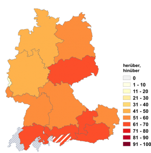 Relative Auftretenshäufigkeit von herüber, hinüber innerhalb der einzelnen Areale im Verhältnis zu rüber (in %)