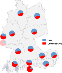 Relative Auftretenshäufigkeit von Lok / Lokomotive innerhalb der einzelnen Areale