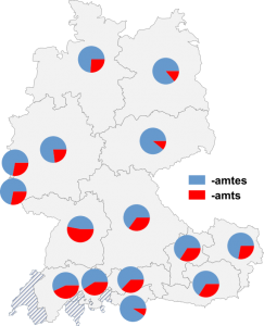 Relative Auftretenshäufigkeit von -amtes / -amts innerhalb der einzelnen Areale