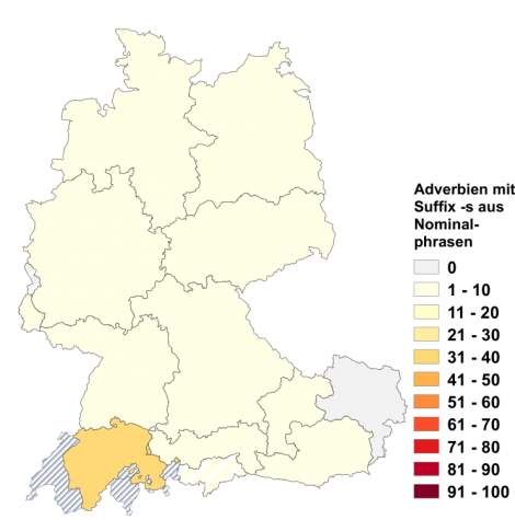 Relative Auftretenshäufigkeit von Komposita mit her- als Erstglied (ohne hernach) innerhalb der einzelnen Areale im Verhältnis zum Gesamtvorkommen in allen Arealen (in %)