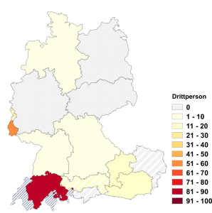 Relative Auftretenshäufigkeit von Drittperson innerhalb der einzelnen Areale im Verhältnis zu dritte Person (in %)